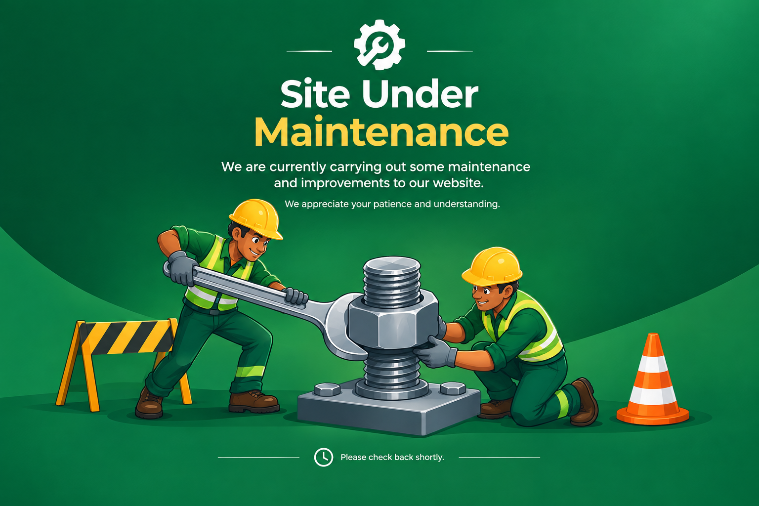 Cartoon maintenance workers tightening a large bolt